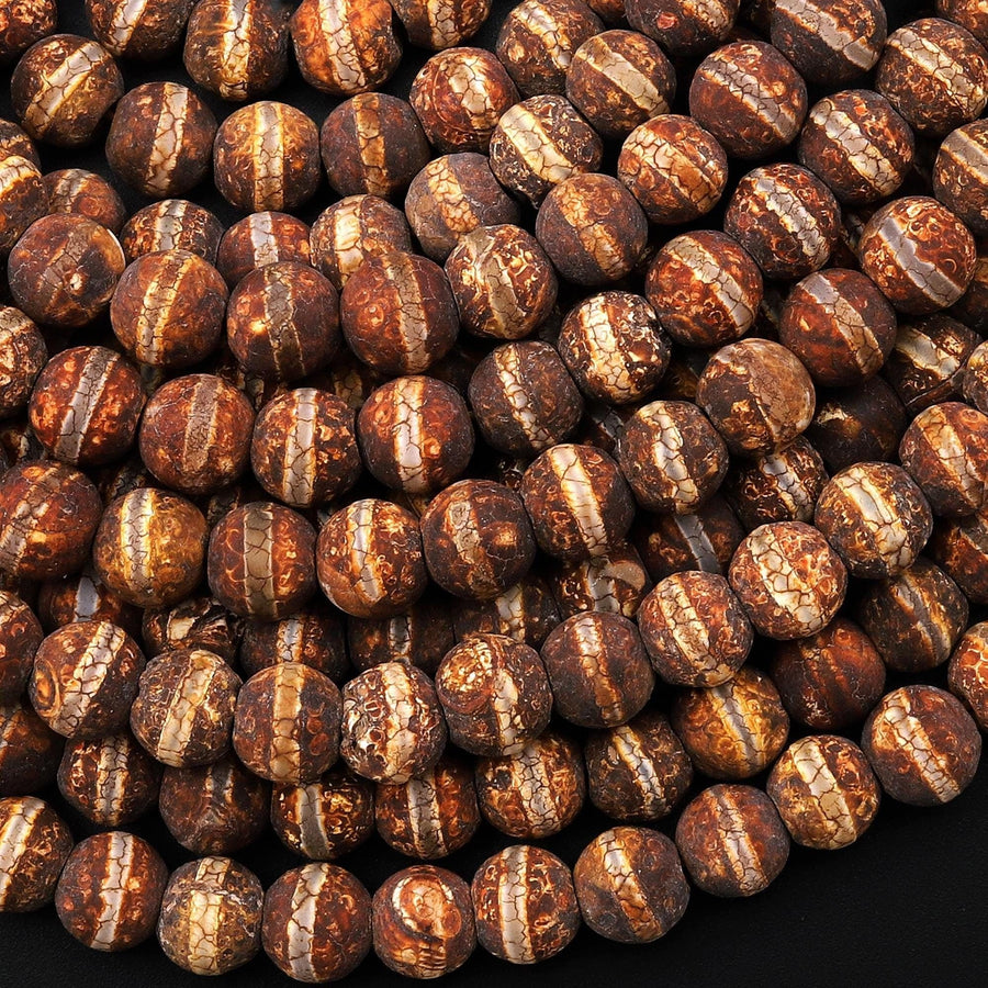 Tibetan Agate 8mm Round Beads Dzi Agate Brown Etched Line Matte Mala Antique Boho Style 15.5" Strand