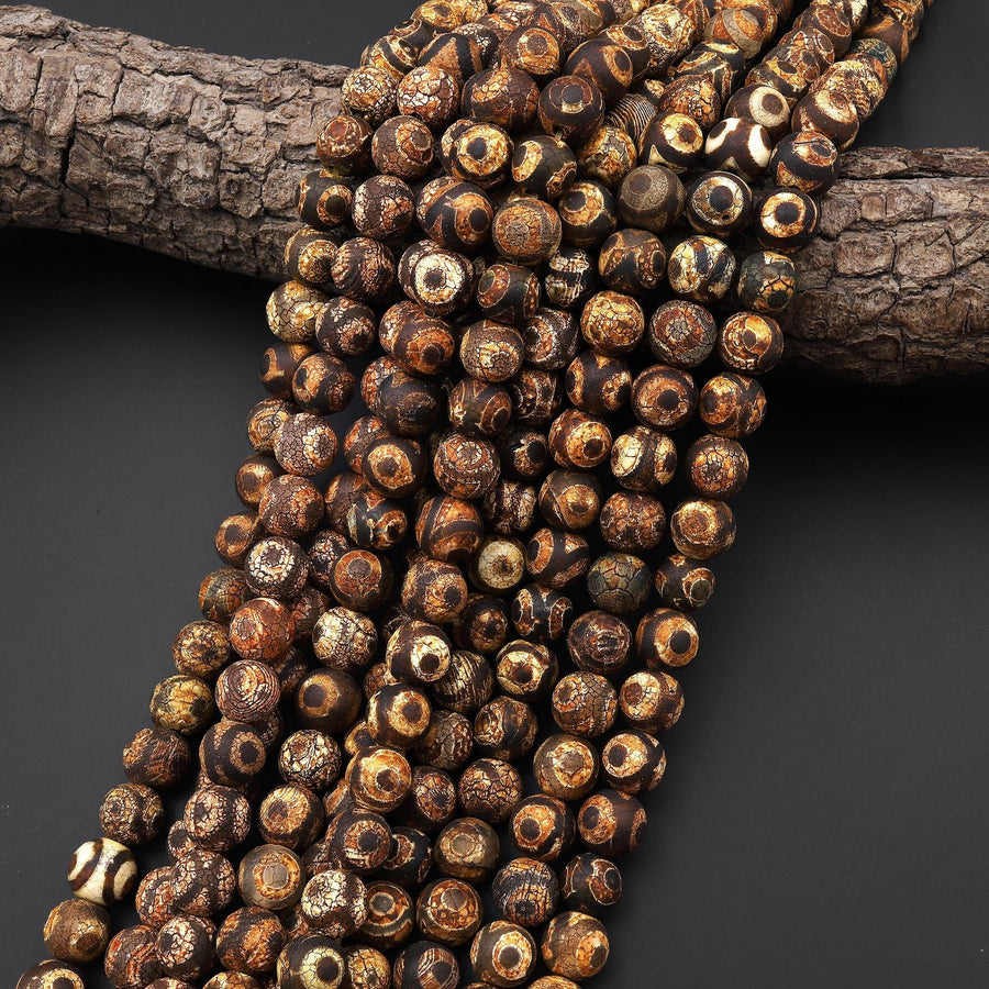 Tibetan Agate 10mm Round Beads Dzi Agate Dark Brown Eye Matte Mala Antique Boho Style 15.5" Strand