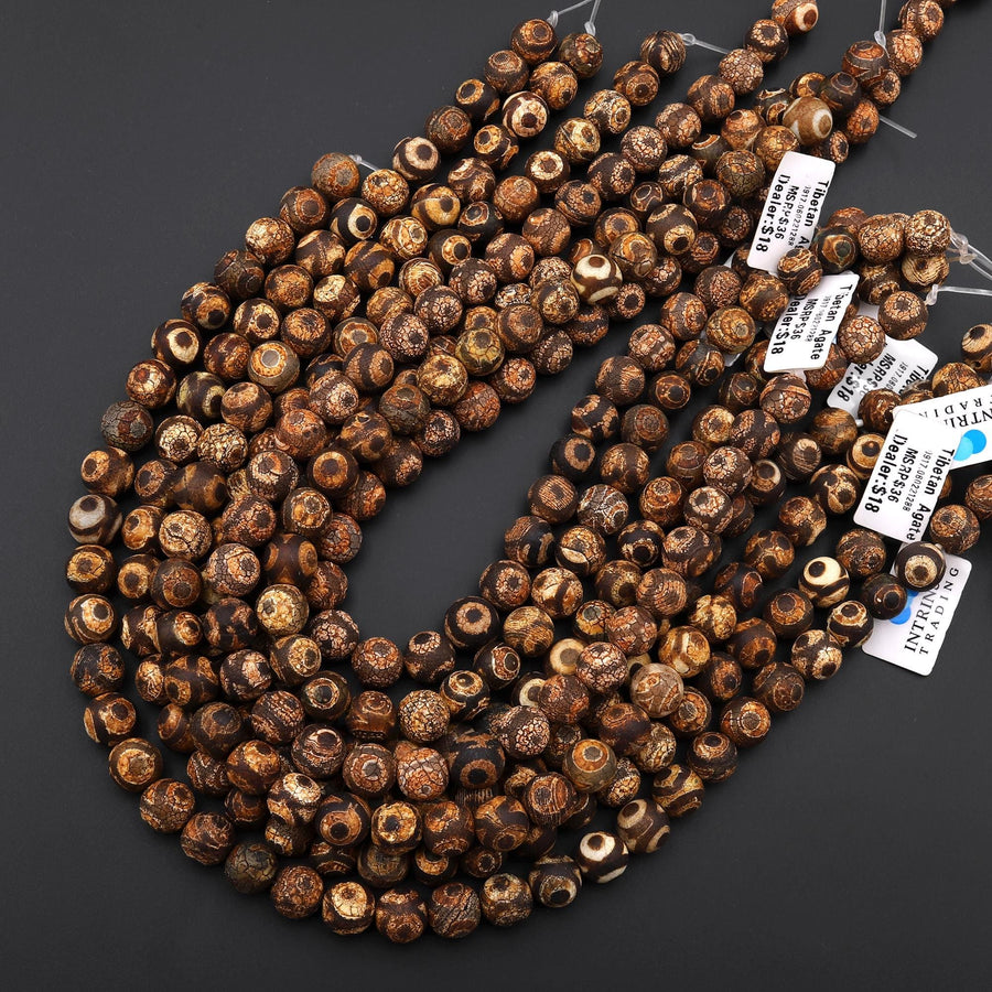 Tibetan Agate 10mm Round Beads Dzi Agate Dark Brown Eye Matte Mala Antique Boho Style 15.5" Strand