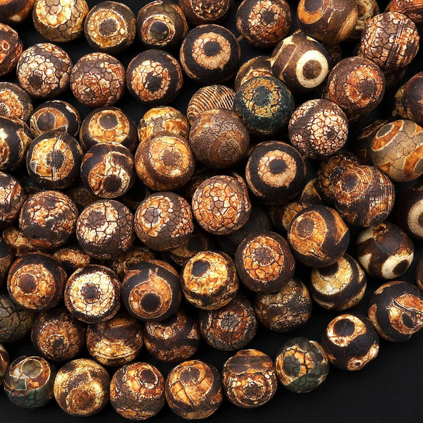 Tibetan Agate 10mm Round Beads Dzi Agate Dark Brown Eye Matte Mala Antique Boho Style 15.5" Strand