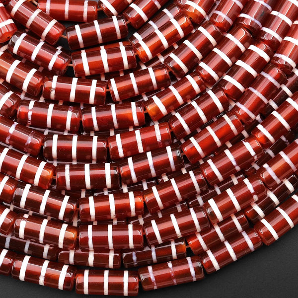 Tibetan Red Agate Tube Cylinder Beads Dzi White Etched Three Line Ring Mala Antique Boho Beads 15.5" Strand