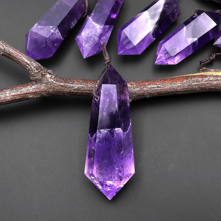 Rare AAA Natural 2-Tone Purple Amethyst Pendant Double Terminated Point Top Side Drilled Gemstone Crystal A1