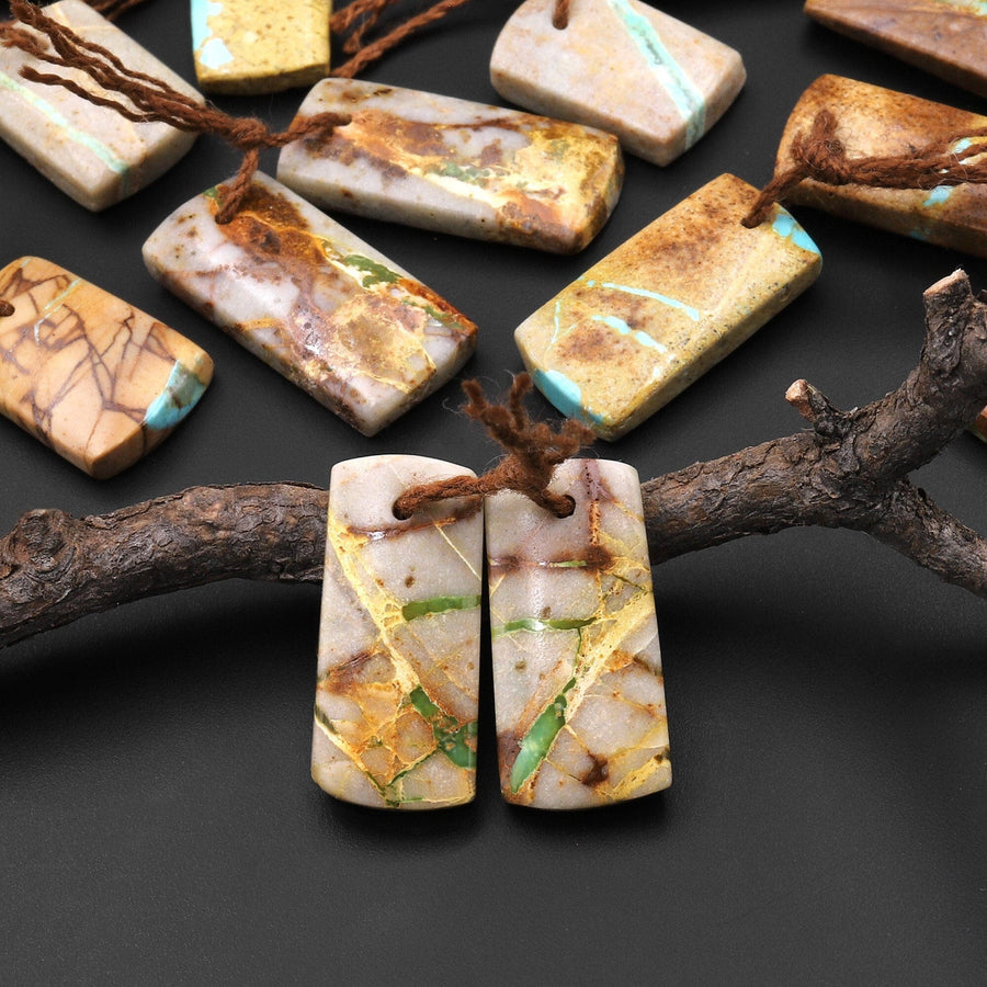 Genuine Natural Royston American Turquoise Short Rectangle Earring Pair Drilled Matched Gemstone Beads A2