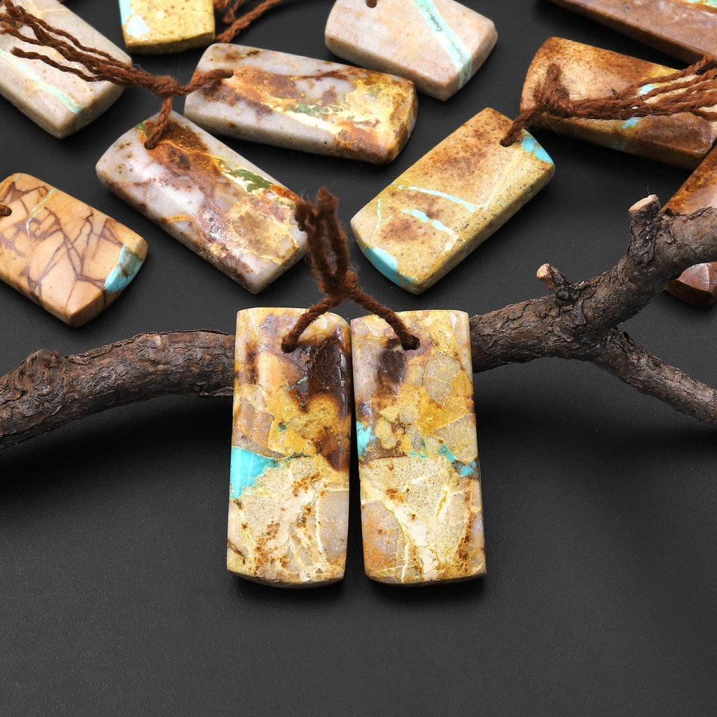 Genuine Natural Royston American Turquoise Short Rectangle Earring Pair Drilled Matched Gemstone Beads A4