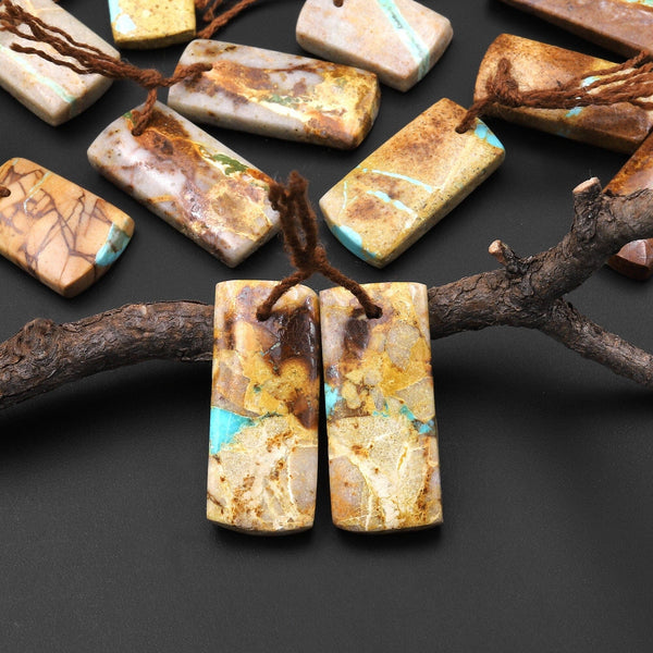 Genuine Natural Royston American Turquoise Short Rectangle Earring Pair Drilled Matched Gemstone Beads A4