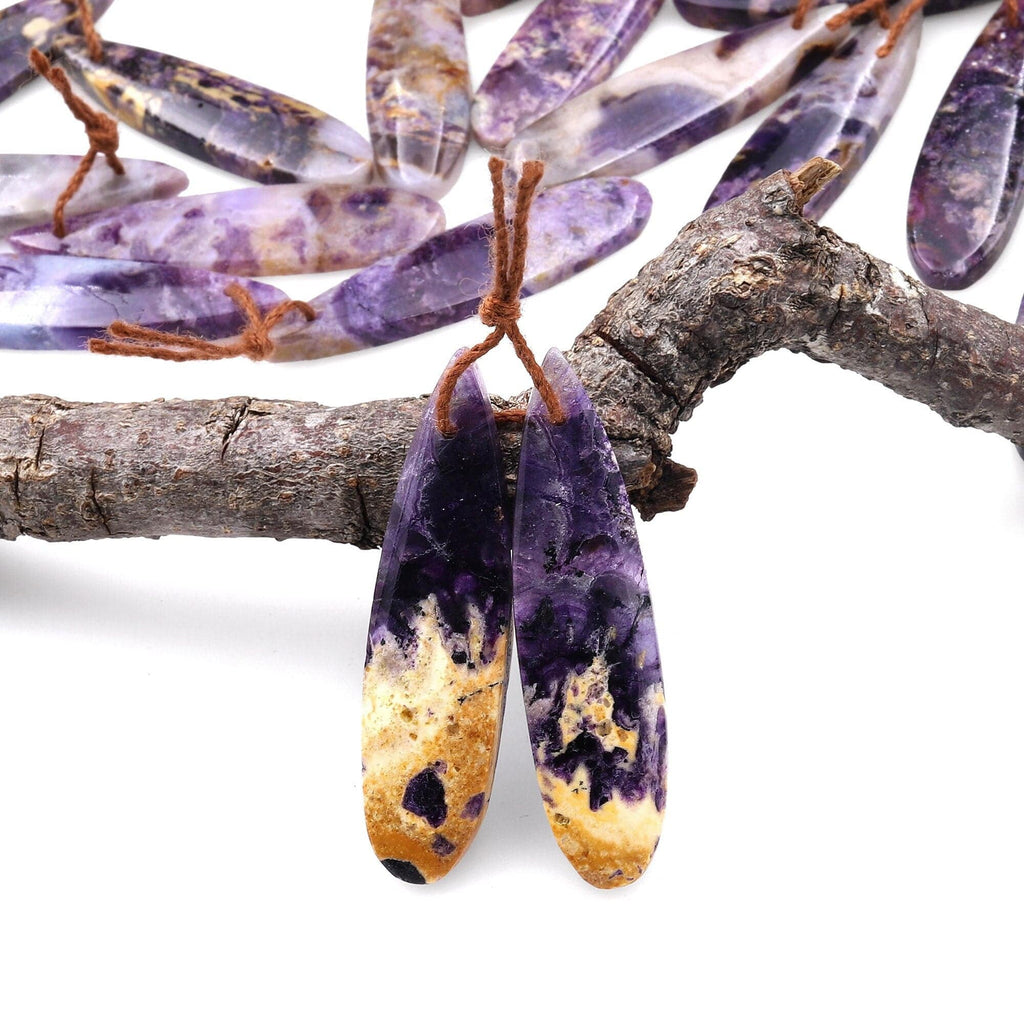 Natural African Petrified Purple Opal Earring Pair Matched Teardrop Gemstone Beads A2