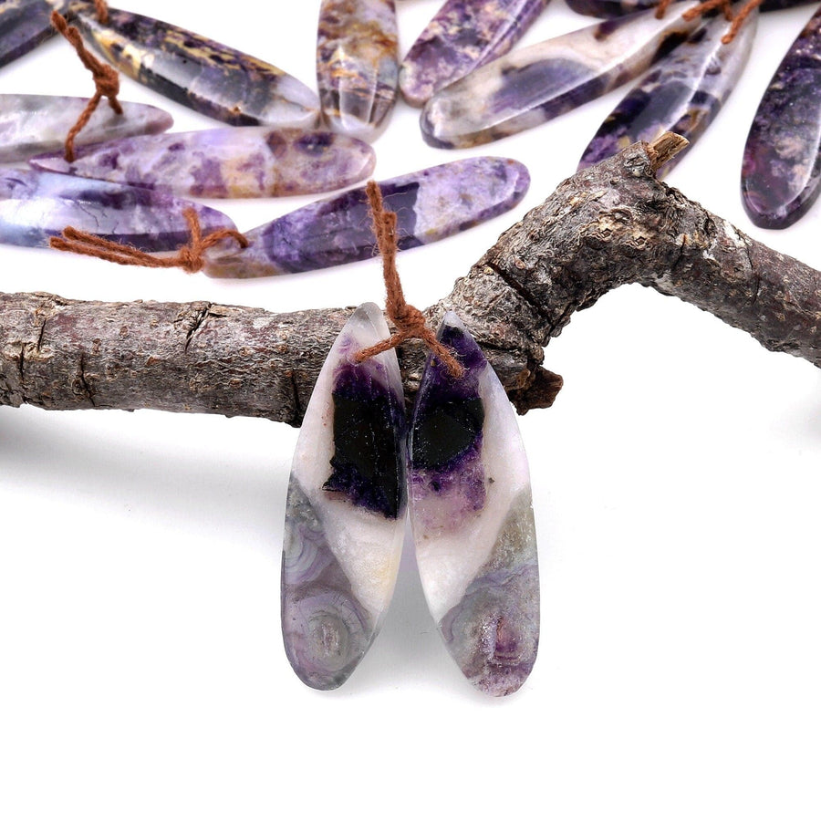 Natural African Petrified Purple Opal Earring Pair Matched Teardrop Gemstone Beads A4