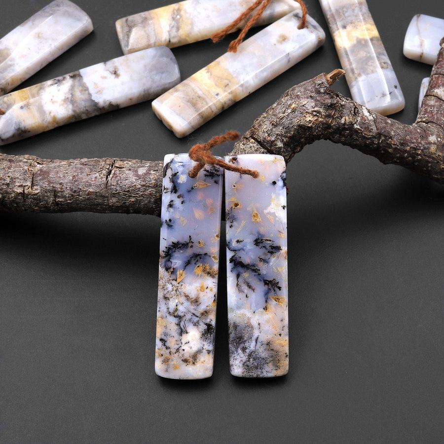 Picturesque Natural Amethyst Sage Chalcedony From Oregon Matched Rectangle Gemstone Earring Pair