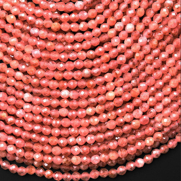 AAA Natural Rhodochrosite 2mm 3mm Faceted Round Beads Gemmy Translucent Gemstone 15.5" Strand