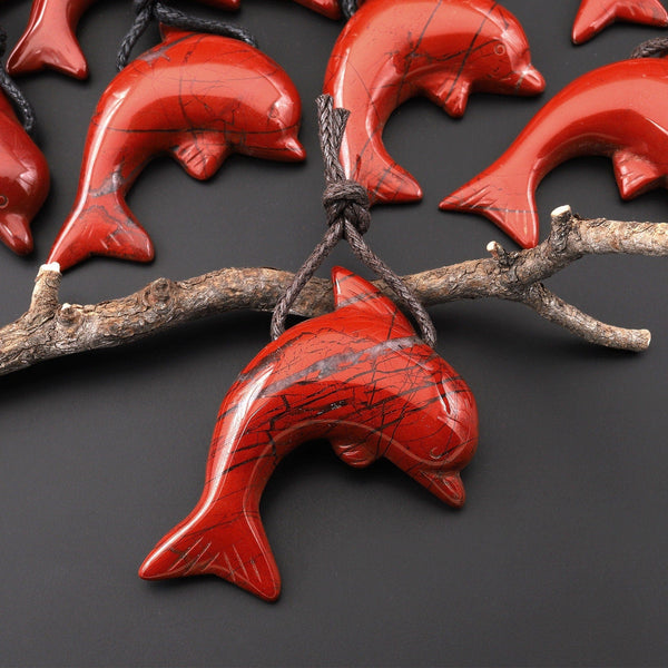 AAA Natural Red Jasper Dolphin Carved Gemstone Side Drilled Pendant A3
