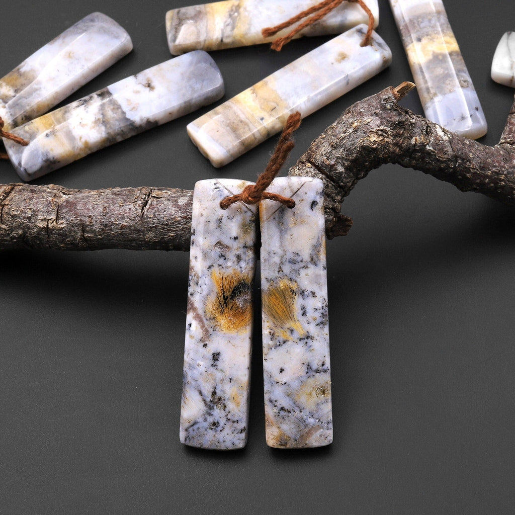 Picturesque Natural Amethyst Sage Chalcedony From Oregon Matched Rectangle Gemstone Earring Pair A2