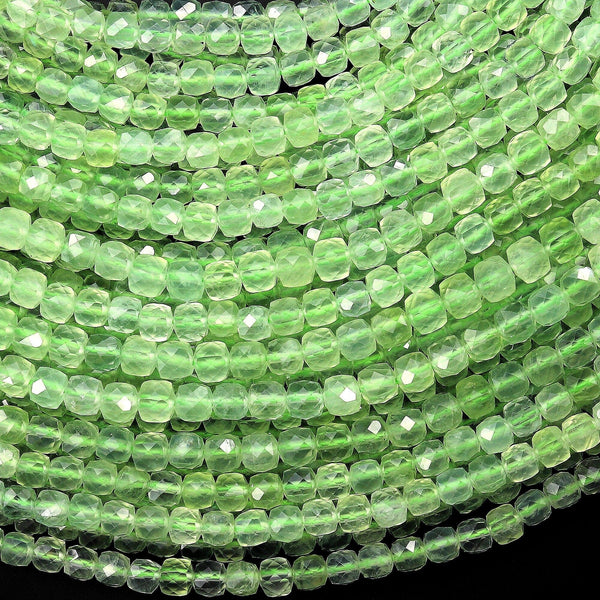 AAA Natural Green Prehnite Faceted Cube 4mm Beads 15.5" Strand