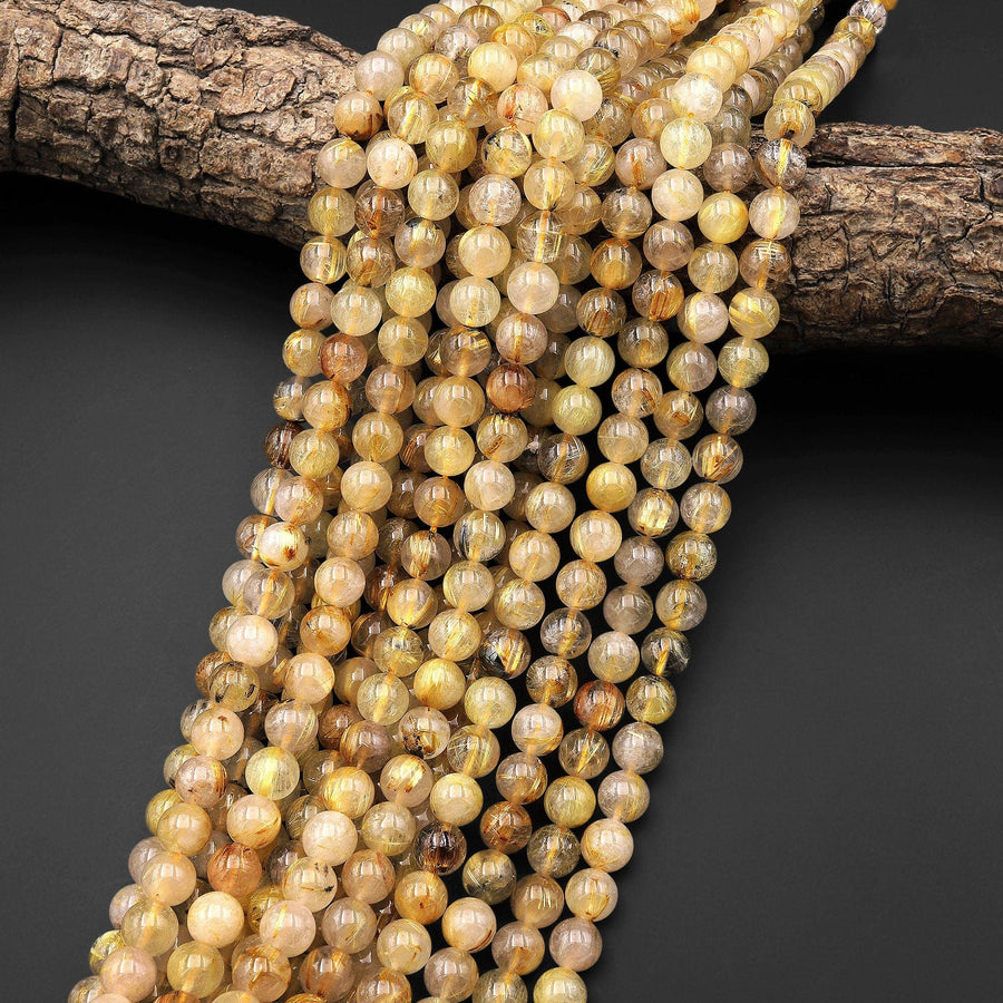 Natural Golden Rutile Quartz 6mm 8mm 10mm Round Beads Tons of Sharp Rutile Hair Needle 15.5" Strand