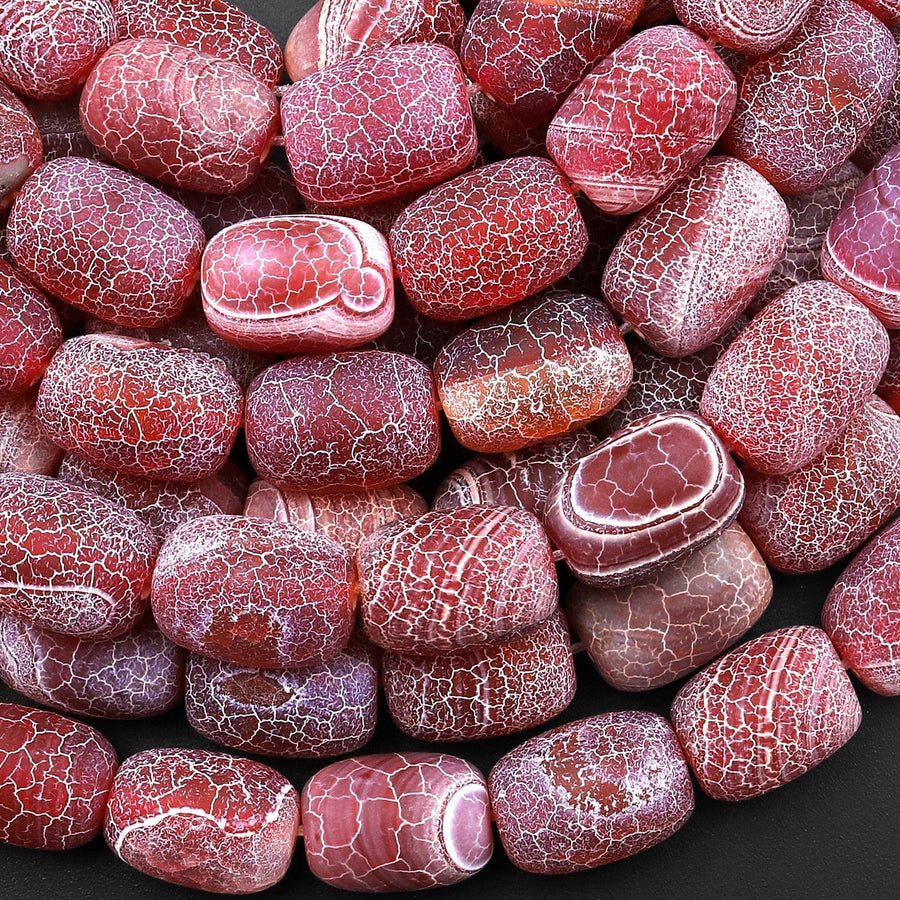 Matte Finish Tibetan Red Fire Agate Barrel Beads Aka Cracked Agate Dragon Skin Agate 15" Strand