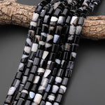 Natural Black Tuxedo Agate Smooth Tube Cylinder Beads W/ White Quartz Matrix 15.5" Strand