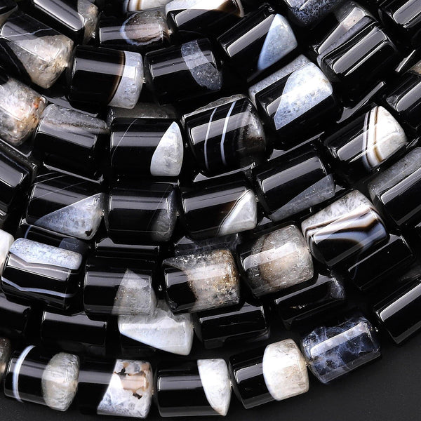 Natural Black Tuxedo Agate Smooth Tube Cylinder Beads W/ White Quartz Matrix 15.5" Strand