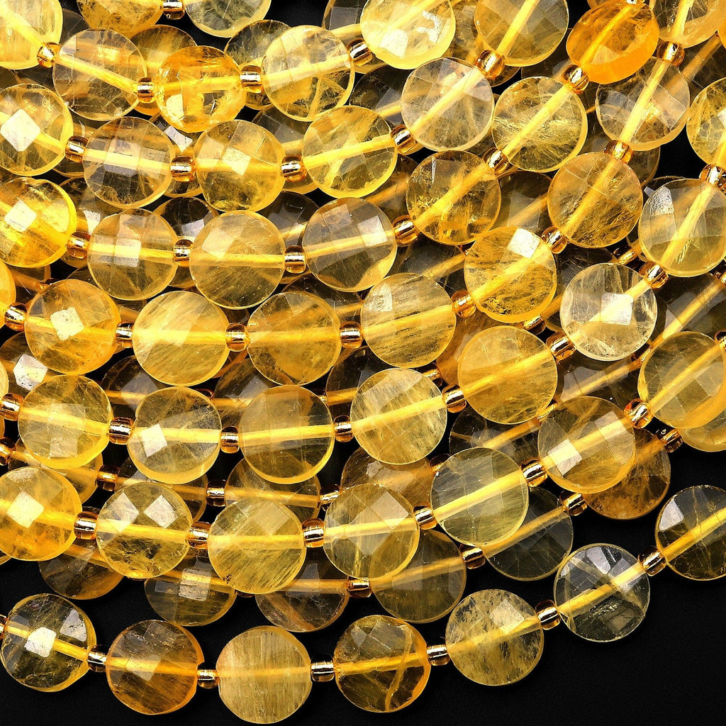 Faceted Natural Golden Yellow Fluorite 10mm Coin Beads Gemstone 15.5" Strand