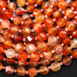 Faceted Natural Red Orange Carnelian 8mm Wavy Spiral Round Beads Fiery Orange Gemstone 15.5" Strand