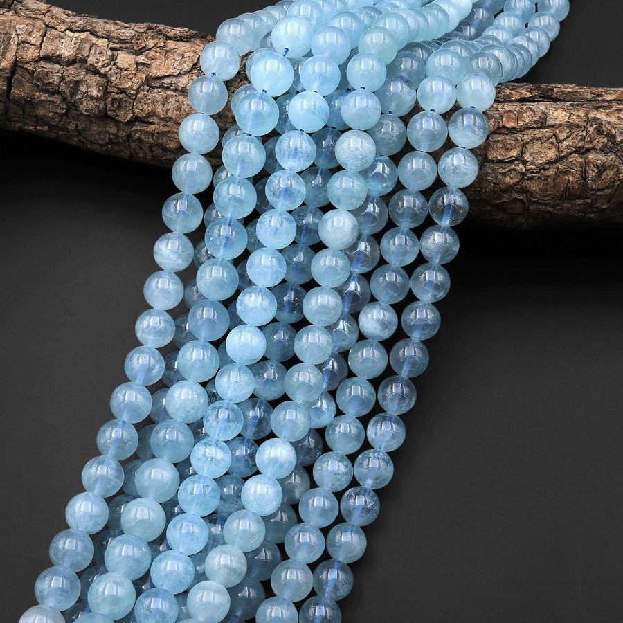 AAA Extra Gemmy Translucent Natural Blue Aquamarine 6mm 8mm 10mm Smooth Round Beads Real Genuine Gemstone 15.5" Strand