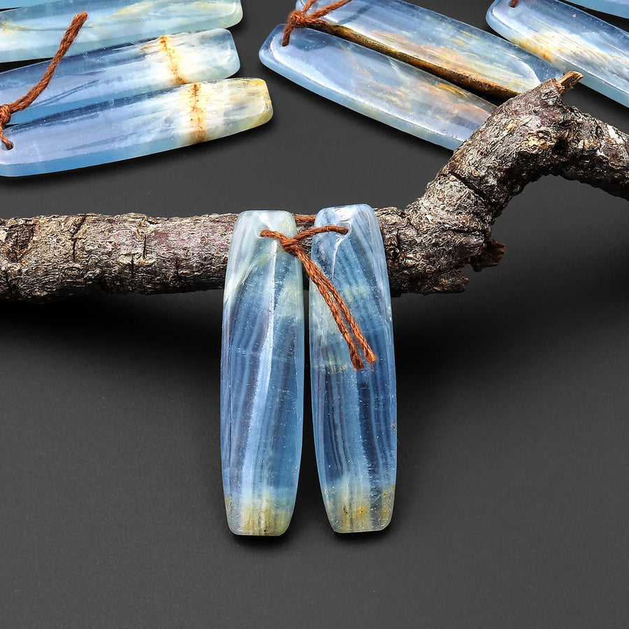 Natural Argentina Lemurian Aquatine Blue Calcite Long Drum Rectangle Earring Matched Gemstone Bead Pair