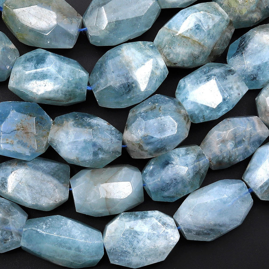 Gemmy Translucent Faceted Natural Blue Aquamarine Nugget Gemstone Beads 16.5" Strand