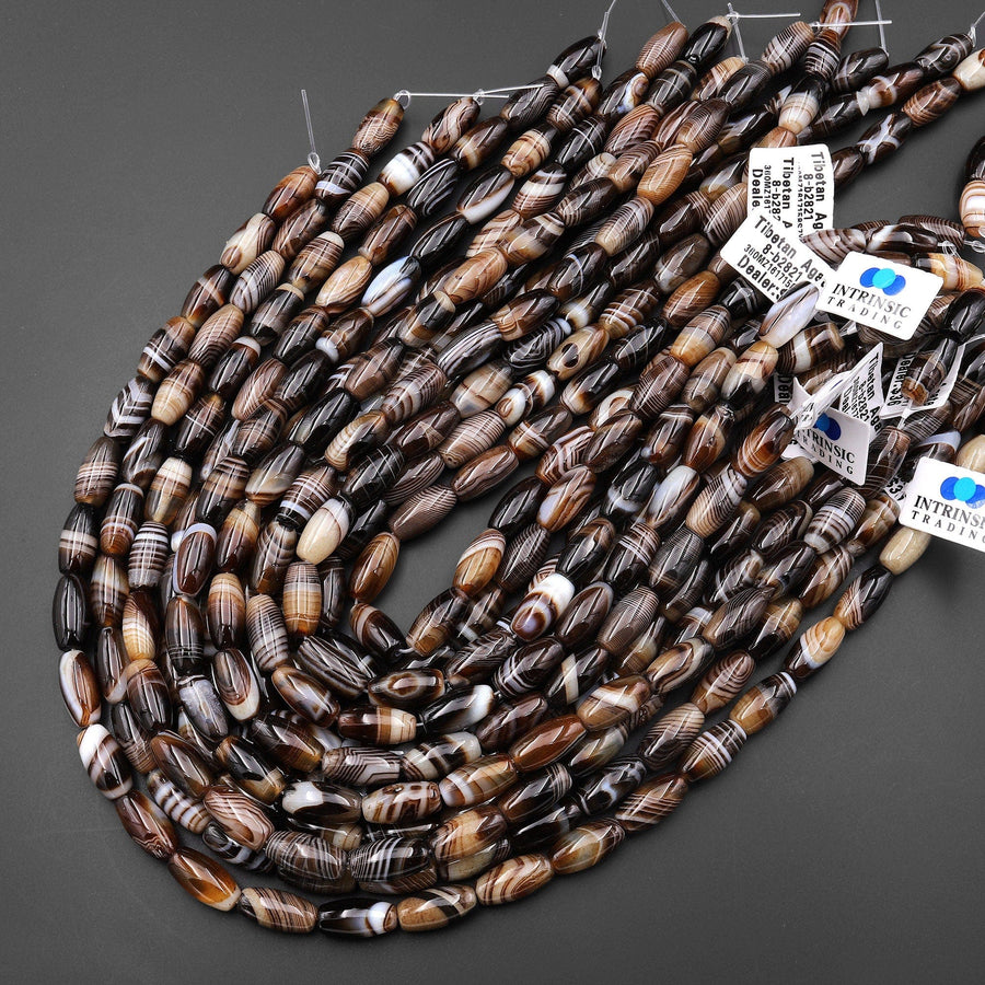 Natural Tibetan Caramel Brown Agate Beads Highly Polished Smooth Drum Barrel 16x8mm Amazing Veins Bands Stripes 15.5" Strand