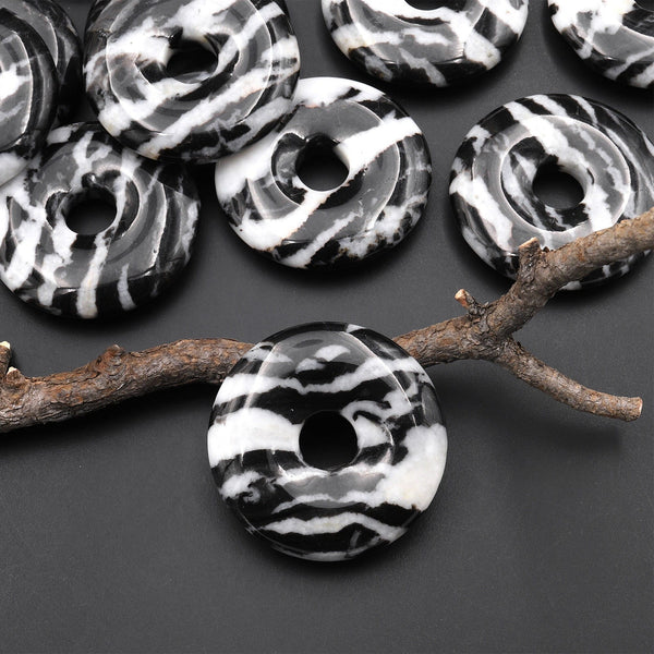 AAA Natural Black and White Zebra Jasper Donut Pendant Focal Bead 30mm