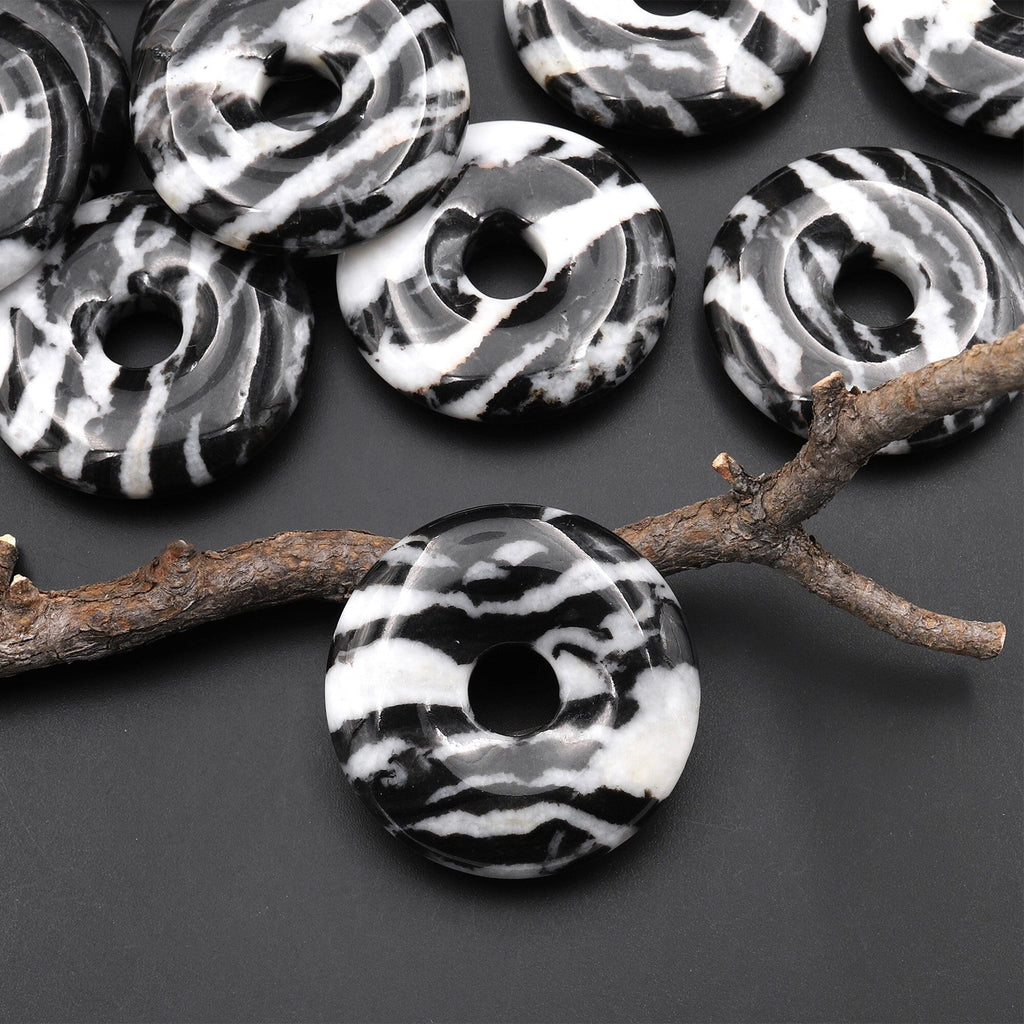 AAA Natural Black and White Zebra Jasper Donut Pendant Focal Bead 30mm A2