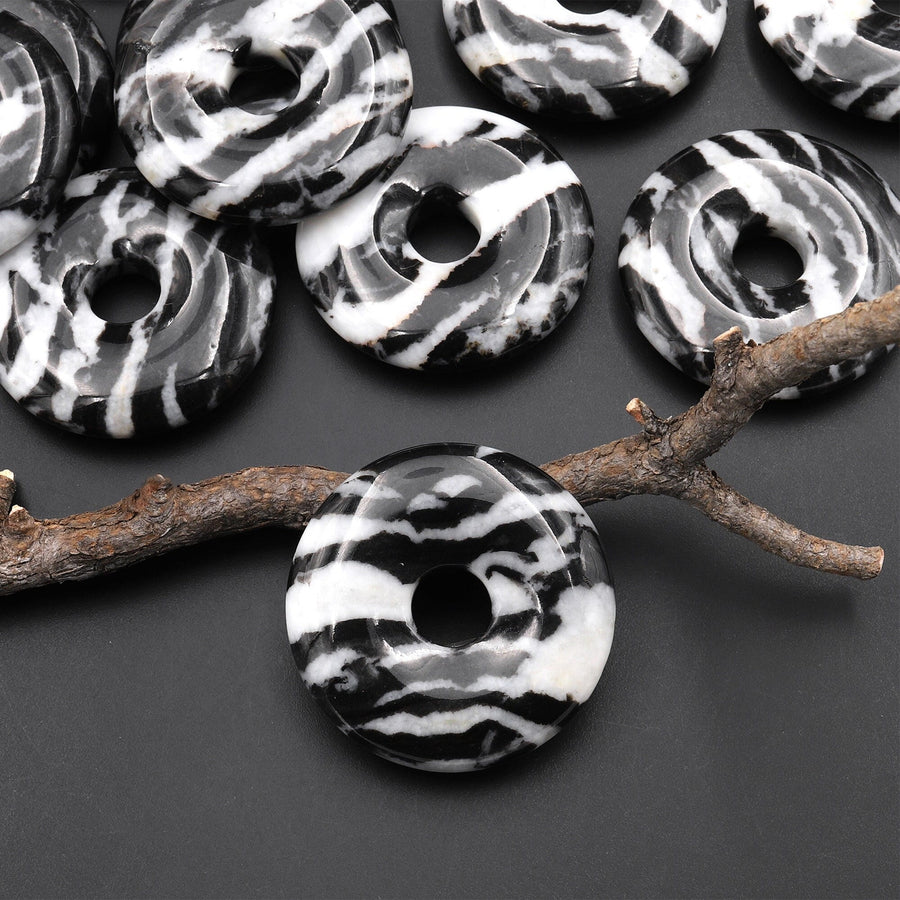 AAA Natural Black and White Zebra Jasper Donut Pendant Focal Bead 30mm A2