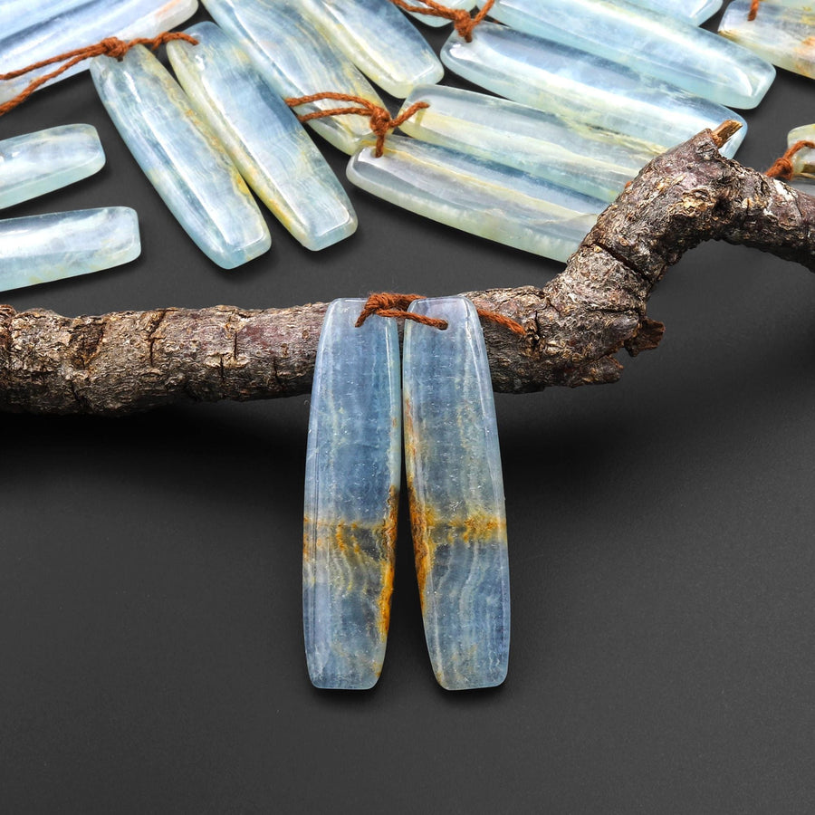 Natural Argentina Lemurian Aquatine Blue Calcite Curved Rectangle Earring Matched Translucent Light Blue Gemstone Bead Pair