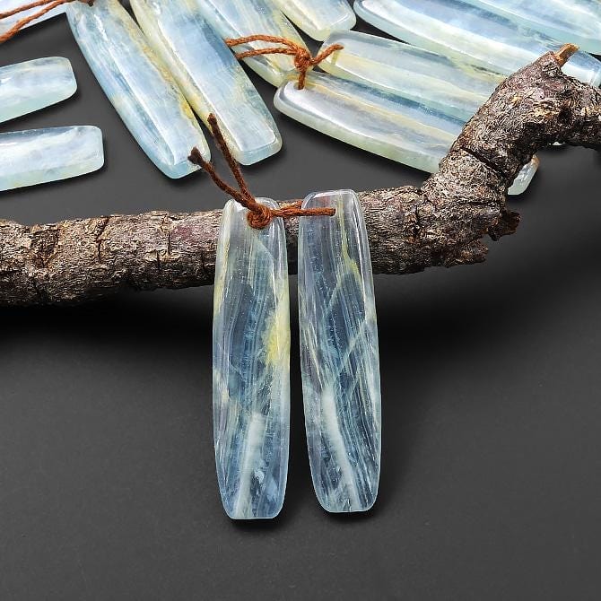 Natural Argentina Lemurian Aquatine Blue Calcite Curved Rectangle Earring Matched Translucent Light Blue Gemstone Bead Pair