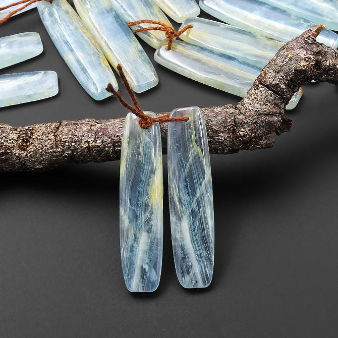 Natural Argentina Lemurian Aquatine Blue Calcite Curved Rectangle Earring Matched Translucent Light Blue Gemstone Bead Pair A6