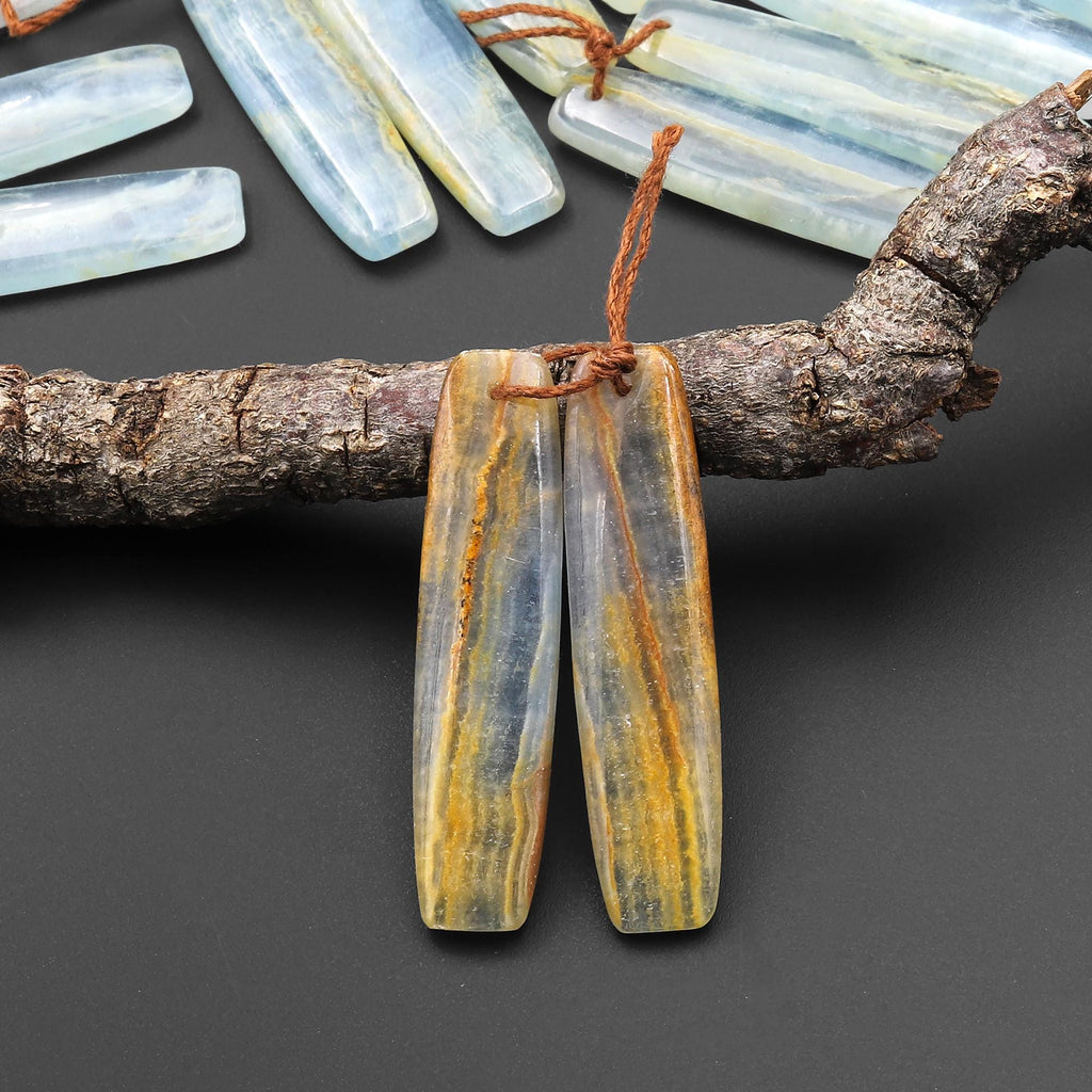 Natural Argentina Lemurian Aquatine Blue Calcite Curved Rectangle Earring Matched Translucent Light Blue Gemstone Bead Pair A7