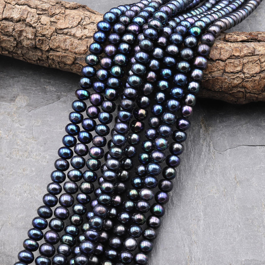 Peacock Off Round Rondelle Pearls 7mm 8mm Brilliant Dark Blue Green Purple Iridescence Real Genuine Freshwater Pearl 15.5" Strand