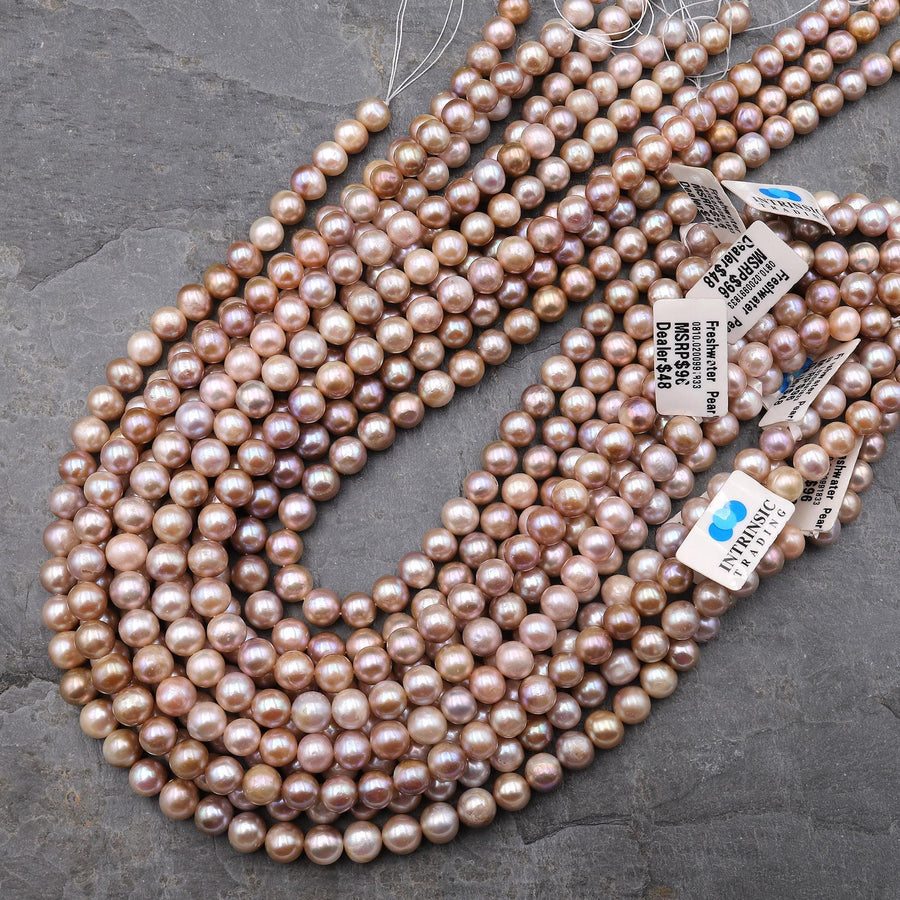 Genuine Natural Golden Peach Pink Mauve Freshwater Pearl 8mm Round Shimmery Iridescent Classic Pearl 15.5" Strand