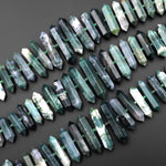 Faceted Double Terminated Natural Green Moss Agate Point Center Drilled Focal Pendant Bead 15.5" Strand
