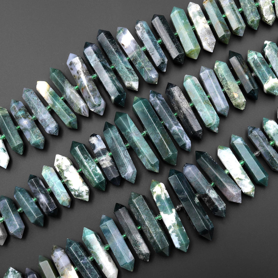 Faceted Double Terminated Natural Green Moss Agate Point Center Drilled Focal Pendant Bead 15.5" Strand