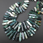 Faceted Double Terminated Natural Green Moss Agate Point Center Drilled Focal Pendant Bead 15.5" Strand