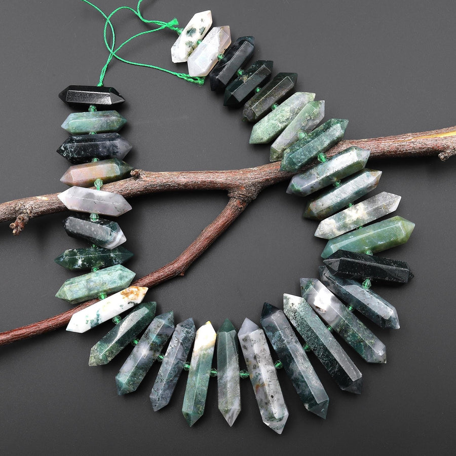 Faceted Double Terminated Natural Green Moss Agate Point Center Drilled Focal Pendant Bead 15.5" Strand A3