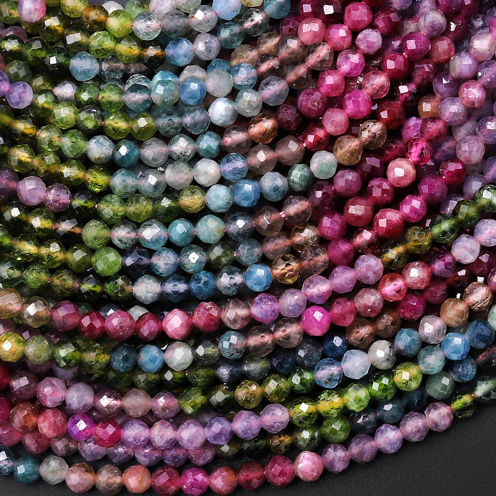 AAA Natural Watermelon Tourmaline Micro Faceted 3mm 4mm Round Multicolor Purple Pink Green Blue Gemstone Beads 15.5" Strand