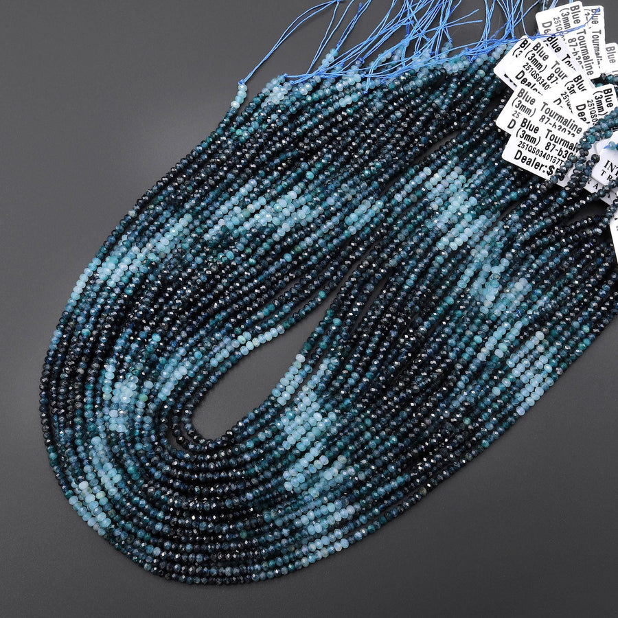 Natural Paraiba Blue Tourmaline Faceted 3mm 4mm Rondelle Beads Micro Diamond Cut Indicolite Gemstone 15.5" Strand