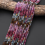 AAA Natural Watermelon Tourmaline Micro Faceted 3mm 4mm Round Multicolor Purple Pink Blue Cognac Gemstone Beads 15.5" Strand