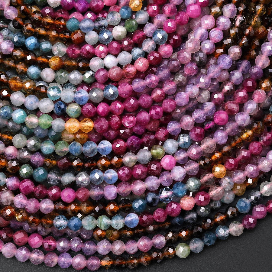 AAA Natural Watermelon Tourmaline Micro Faceted 3mm 4mm Round Multicolor Purple Pink Blue Cognac Gemstone Beads 15.5" Strand