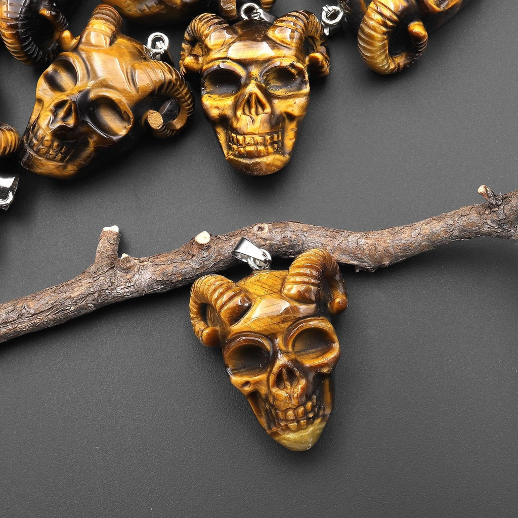 Hand Carved Natural Tiger's Eye Goat Horn Skull Pendant A3