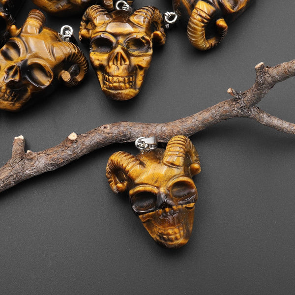 Hand Carved Natural Tiger's Eye Goat Horn Skull Pendant A4