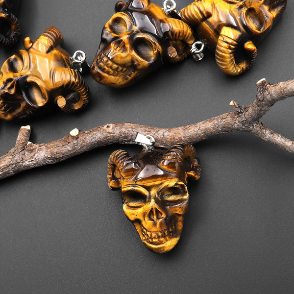Hand Carved Natural Tiger's Eye Goat Horn Skull Pendant A5