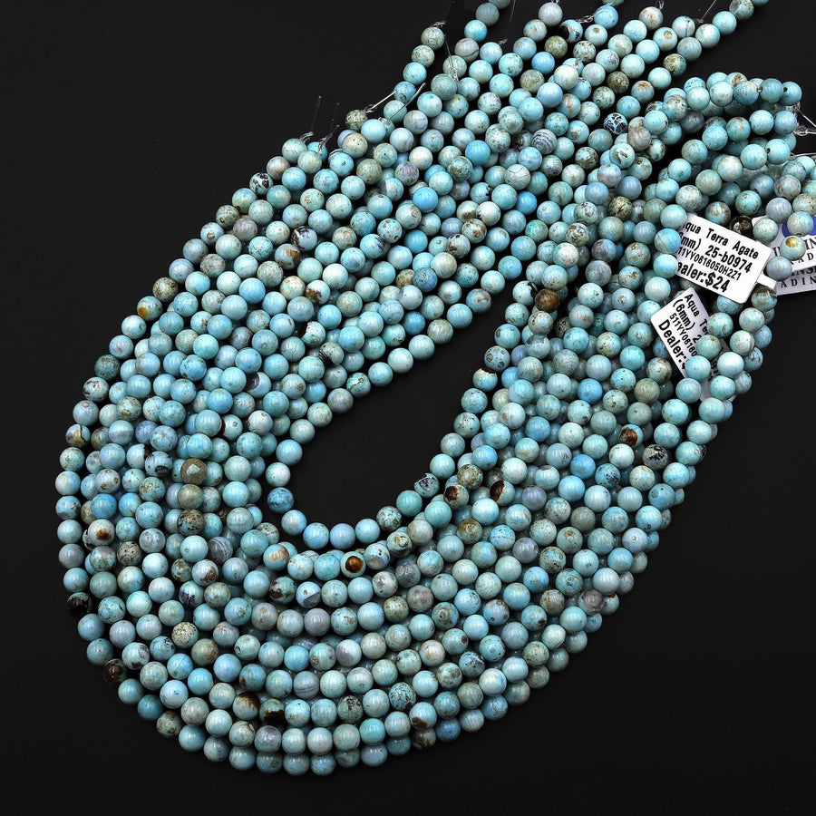 Seafoam Blue Aqua Terra Agate 6mm Round Beads Aka Dragon's Eye 15" Strand