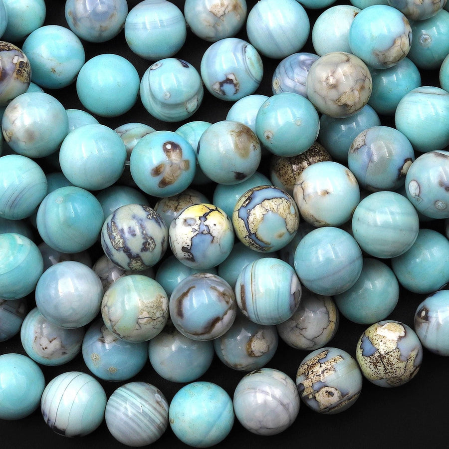 Seafoam Blue Aqua Terra Agate 10mm Round Beads Aka Dragon's Eye 15" Strand