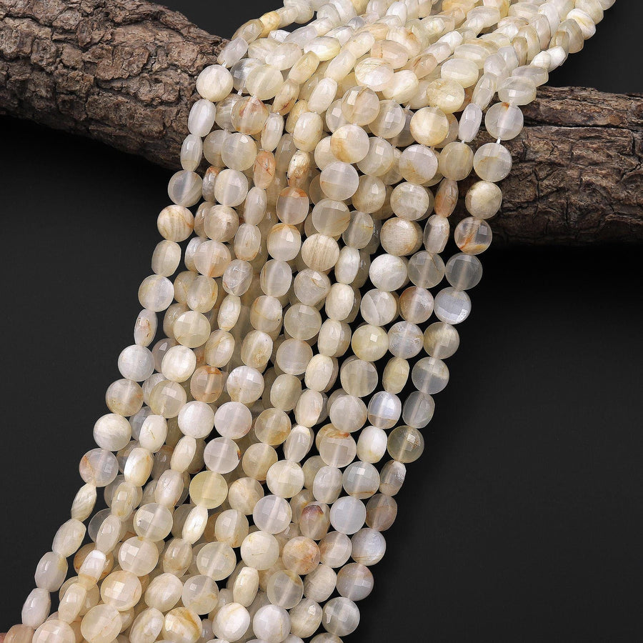 Faceted Chatoyant Natural Golden Yellow Moonstone 6mm 8mm 10mm Coin Beads Gemstone 15.5" Strand