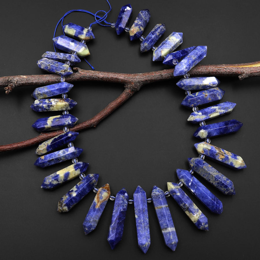 Natural Denim Blue Sodalite Faceted Double Terminated Points Long Side Drilled Gemstone Pendant Beads 15.5" Strand